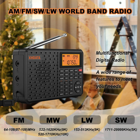 Black portable radio, rechargeable.