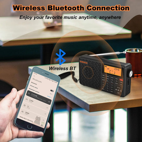 Black portable radio, rechargeable.