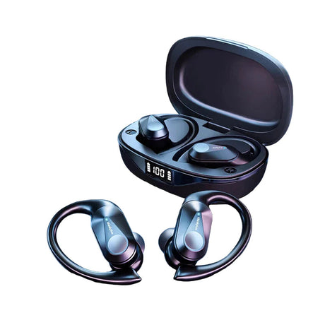 Black wireless earbuds, waterproof, lightweight.