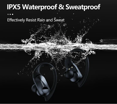 Black wireless earbuds, waterproof, lightweight.
