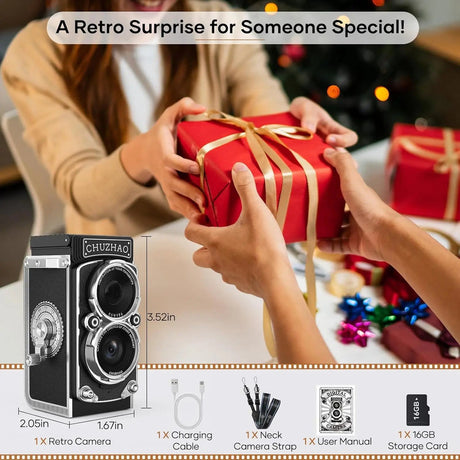 Black camera, rechargeable, lightweight.
