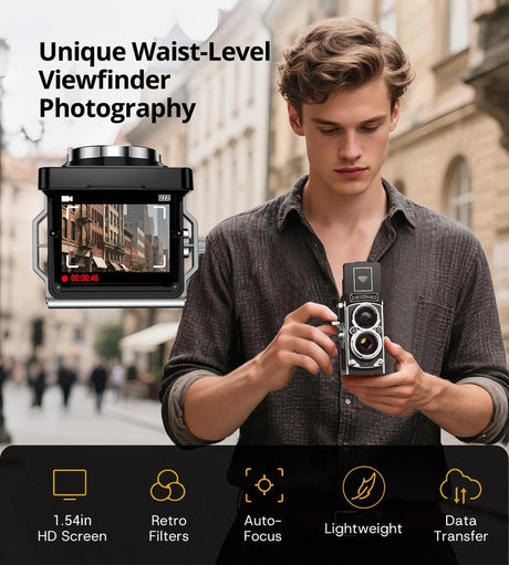 Black camera, rechargeable, lightweight.
