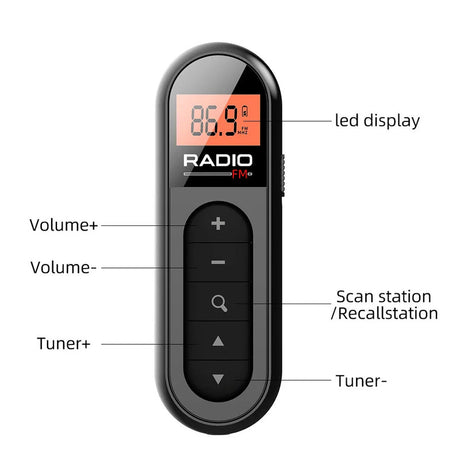 Rechargeable pocket radio, lightweight.
