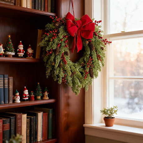Pine Needle Red Berry Wreath with Heart Bow - Shoppers Spot Occasions > Christmas > Christmas Wreaths & Garlands