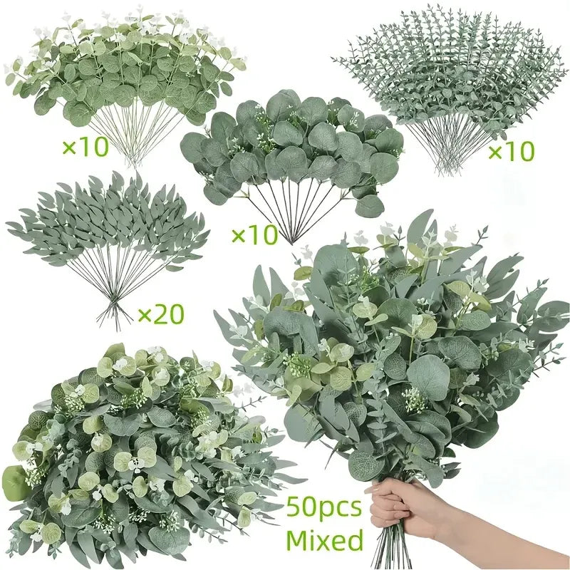 Trendbay 50pcs Mixed Willow & Silver Artificial Eucalyptus Stems & Leaves.