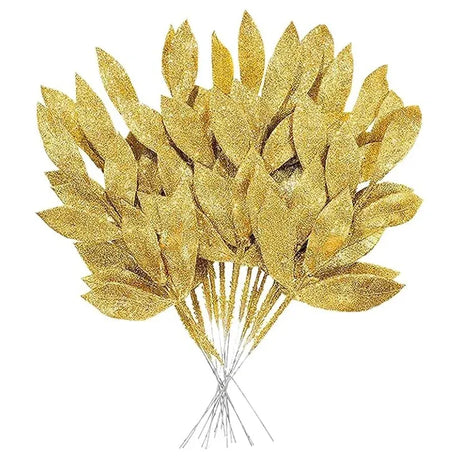 Trendbay 10Pcs Gold Glitter Christmas Leaves 34 cm Artificial Branch Picks.
