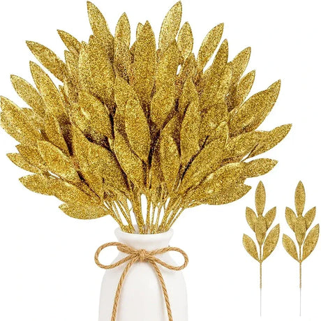 Trendbay 10Pcs Gold Glitter Christmas Leaves 34 cm Artificial Branch Picks.
