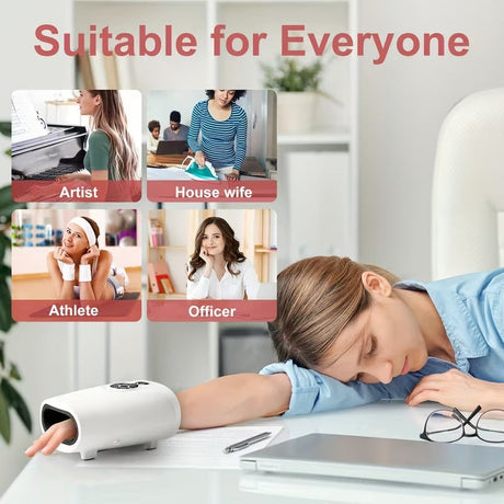 Cordless ergonomic hand massager, battery powered.