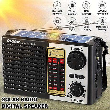 Portable radio, rechargeable, solar powered, lightweight.