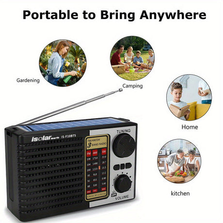 Portable radio, rechargeable, solar powered, lightweight.