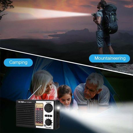 Portable radio, rechargeable, solar powered, lightweight.