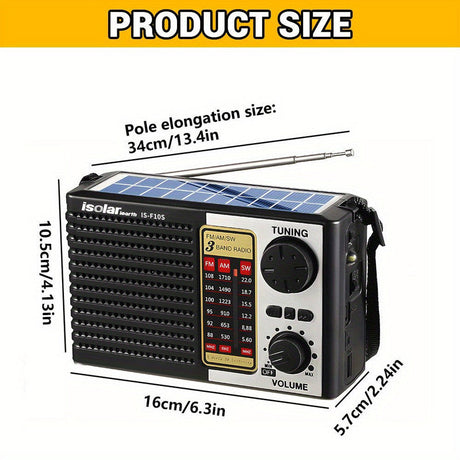 Portable radio, rechargeable, solar powered, lightweight.
