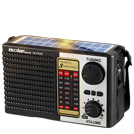 Portable radio, rechargeable, solar powered, lightweight.