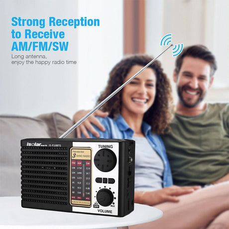 Portable radio, rechargeable, solar powered, lightweight.