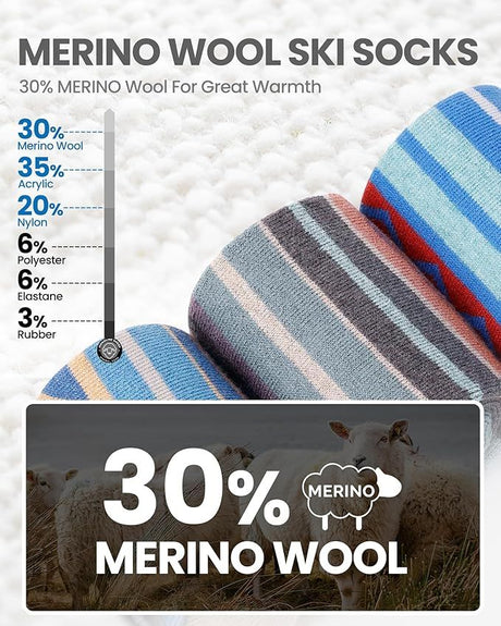 Merino wool non-slip ski socks, breathable.