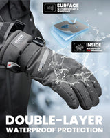 OutdoorMaster Ski Snow Gloves for Women & Men - 3M Thinsulate Waterproof Snowboard Winter Warm Windproof Snowmobile Gloves with Double-Pocket-Black,Large
