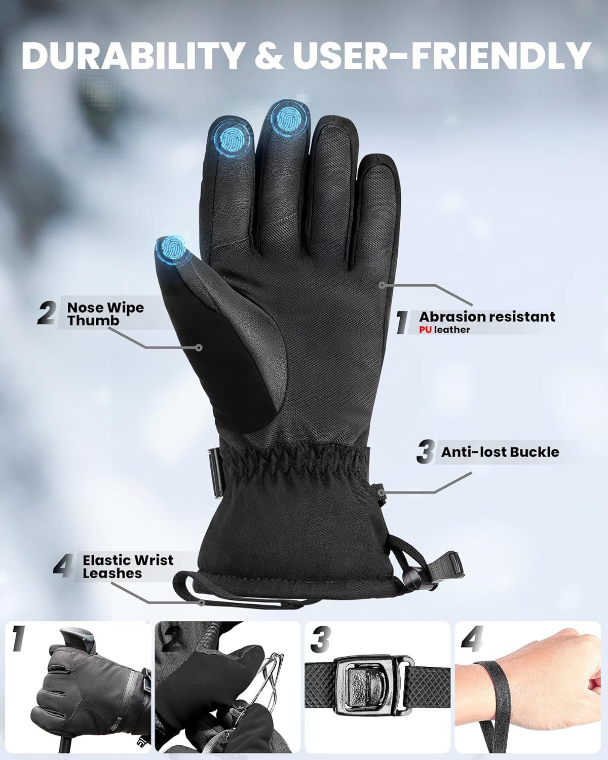 OutdoorMaster Ski Snow Gloves for Women & Men - 3M Thinsulate Waterproof Snowboard Winter Warm Windproof Snowmobile Gloves with Double-Pocket-Black,Large