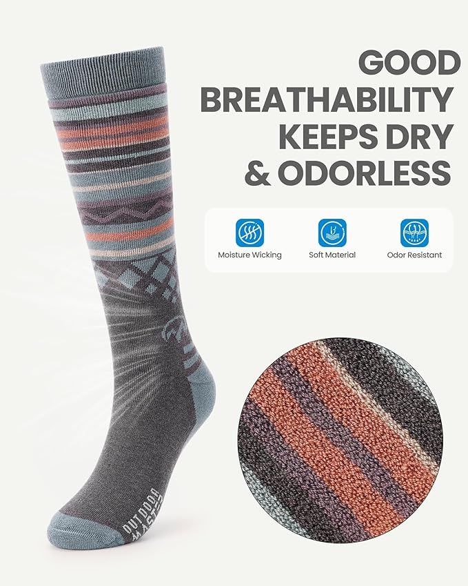 OutdoorMaster Ski Socks 4-Pack Merino Wool, Over The Calf Non-Slip Cuff for Men & Women