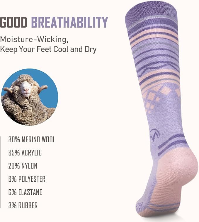 OutdoorMaster Ski Socks 2-Pack Merino Wool, Over The Calf Non-Slip Cuff for Men & Women-Purple Pink,Medium