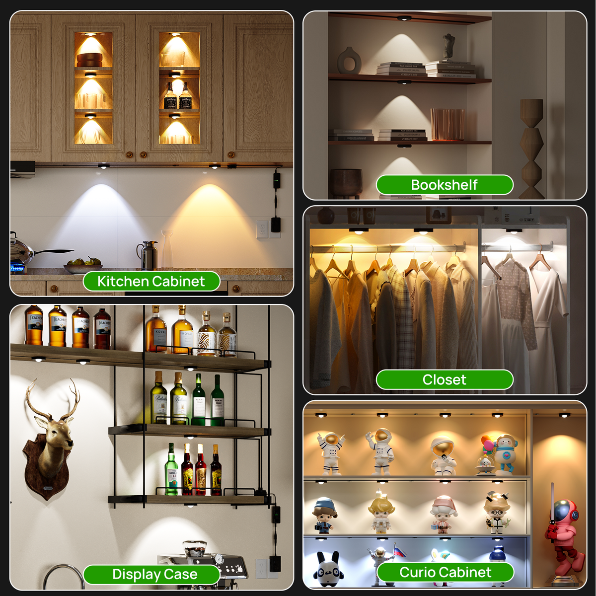 Under Cabinet Lighting, Timer & CCT 3000-6000K Puck Lights, Dimmable with Slider Controller, Plug-in Counter Lights for Kitchen Cabinet, Display Case, Bookshelf, Closet, Curio Cabinet (8Pack)