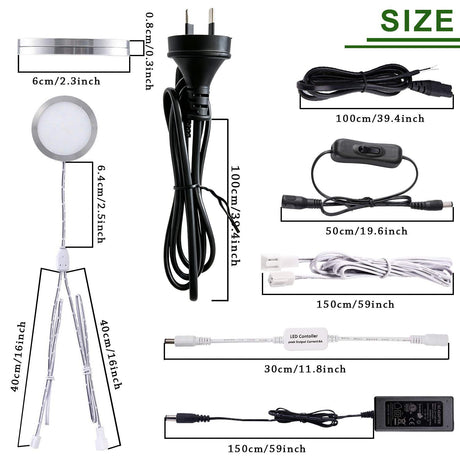 White dimmable puck lights, 12V, operated by remote control.