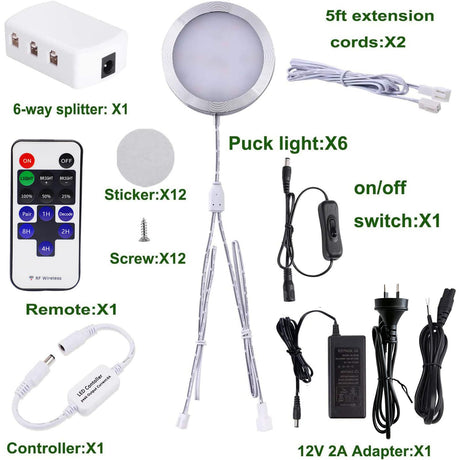 White dimmable puck lights, 12V, operated by remote control.