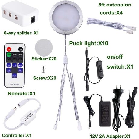 White dimmable puck lights, 12V, operated by remote control.