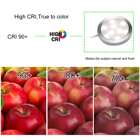 White dimmable puck lights, 12V, operated by remote control.