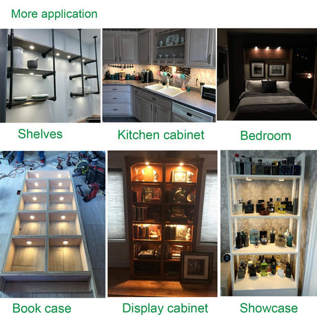 White dimmable puck lights, 12V, operated by remote control.