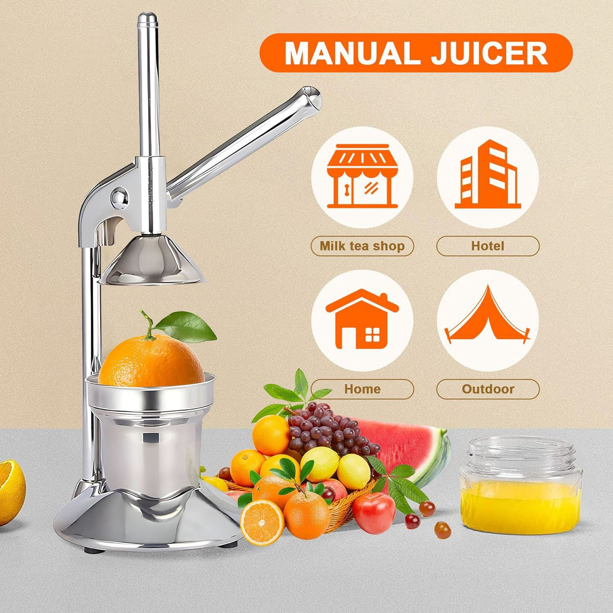 Silver stainless steel manual hand press, dishwasher safe.