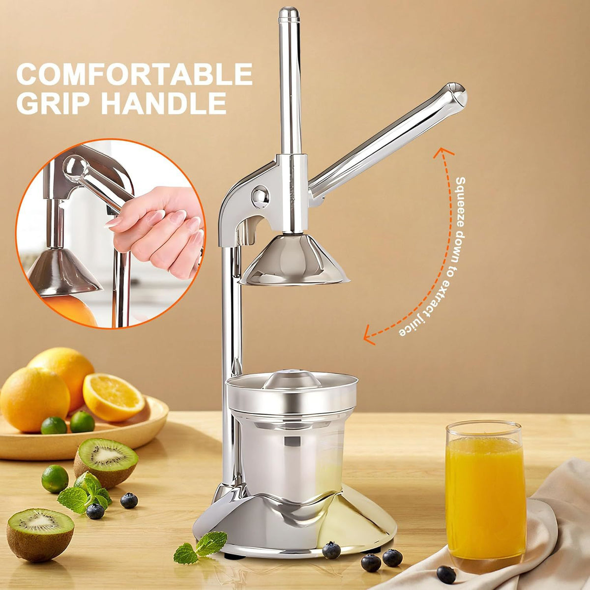 Silver stainless steel manual hand press, dishwasher safe.
