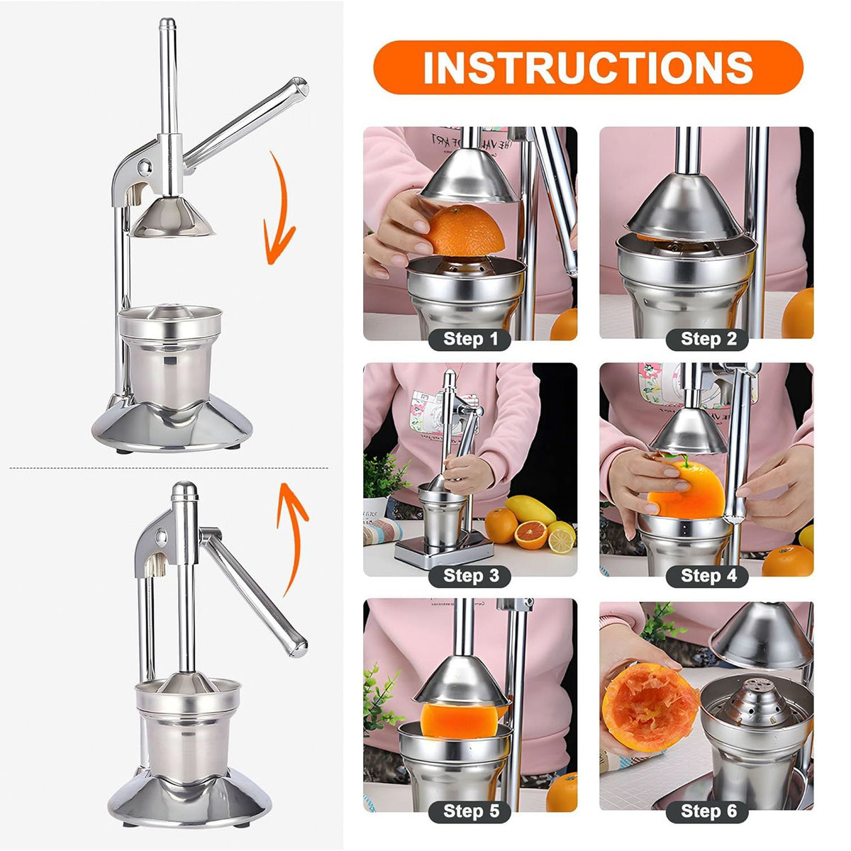 Silver stainless steel manual hand press, dishwasher safe.