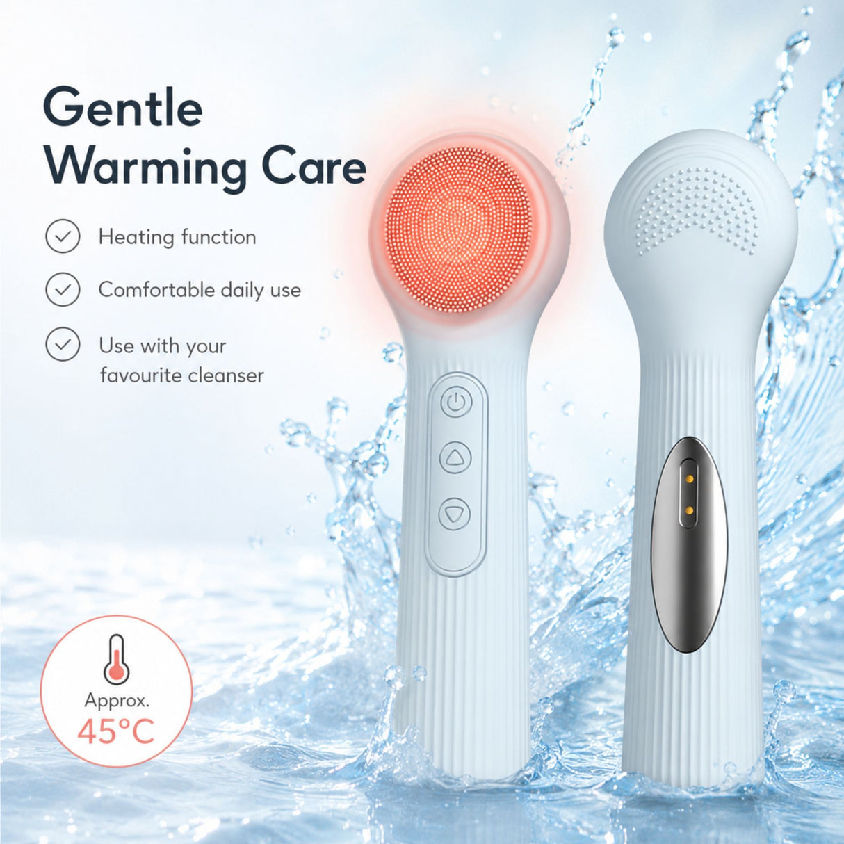 Silicone Facial Cleansing Brush Sonic Vibration Heating Waterproof Rechargeable-BLUE