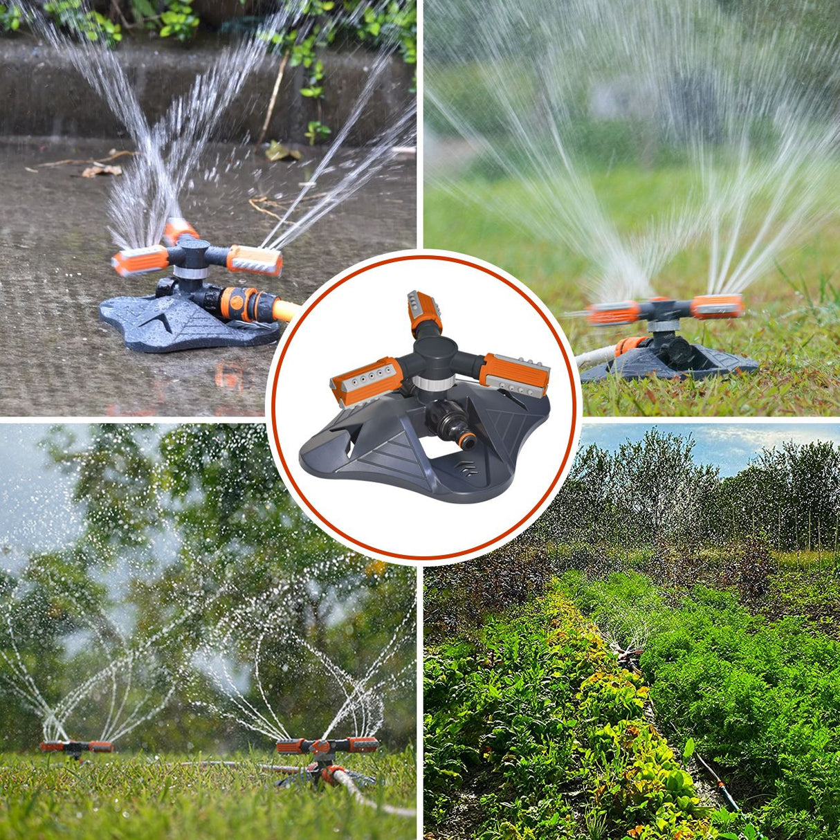 360° Garden Sprinkler 3-Arm Adjustable Lawn Water Sprinkler 36 Nozzles 200㎡