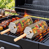 Rolling Grill Basket with Removable Handle, 304 Stainless Steel BBQ Grilling Basket for Vegetables, Fish, Shrimp & Meat