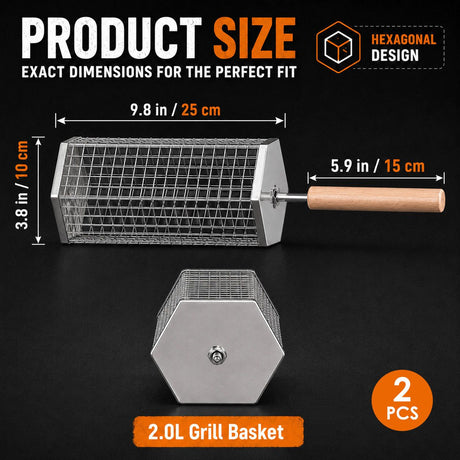 Stainless steel grill basket, easy to clean.