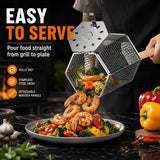 Rolling Grill Basket with Removable Handle, 304 Stainless Steel BBQ Grilling Basket for Vegetables, Fish, Shrimp & Meat