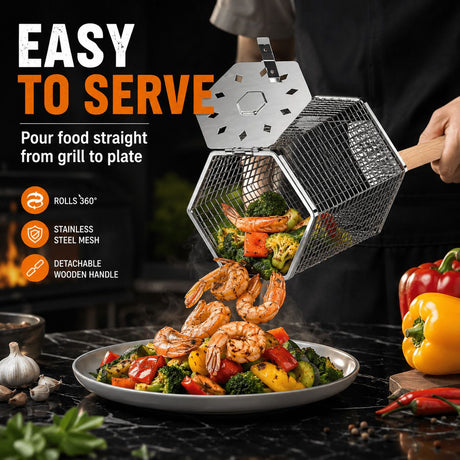 Stainless steel grill basket, easy to clean.