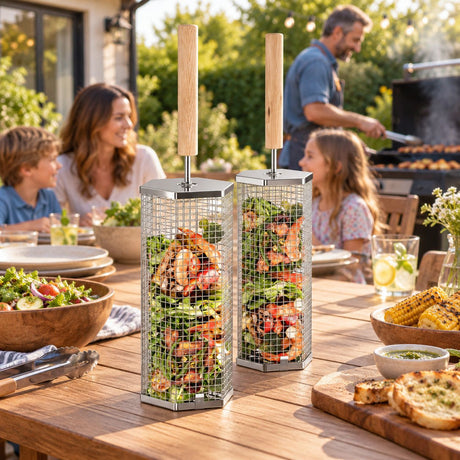 Stainless steel grill basket, easy to clean.