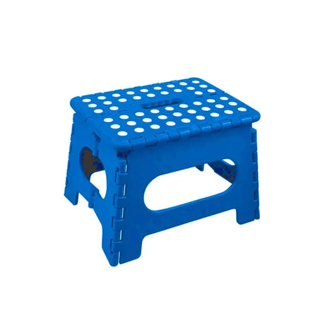 Blue plastic folding chair, with a non-slip base.