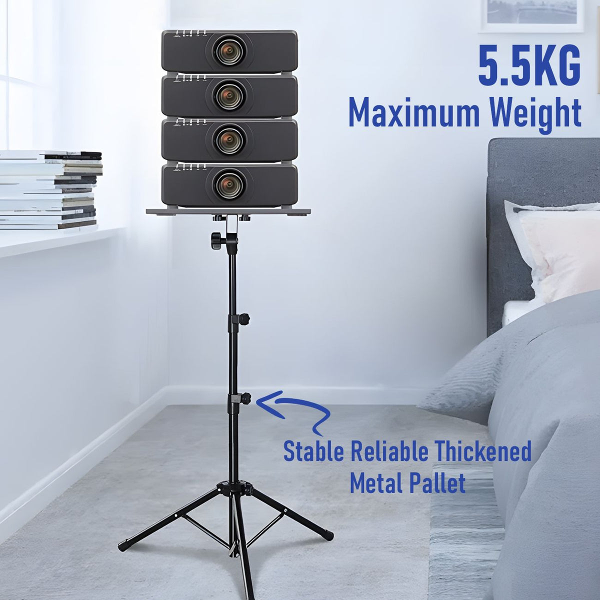 Adjustable Projector Stand with 360° Phone Holder, 57–125cm Folding Tripod Floor Stand for Laptop, Tablet & Projector