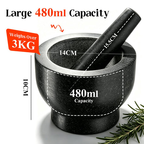 Granite Mortar and Pestle Set, 480ml Heavy Duty Stone Grinder Bowl with 15.5cm Pestle, Dark Grey