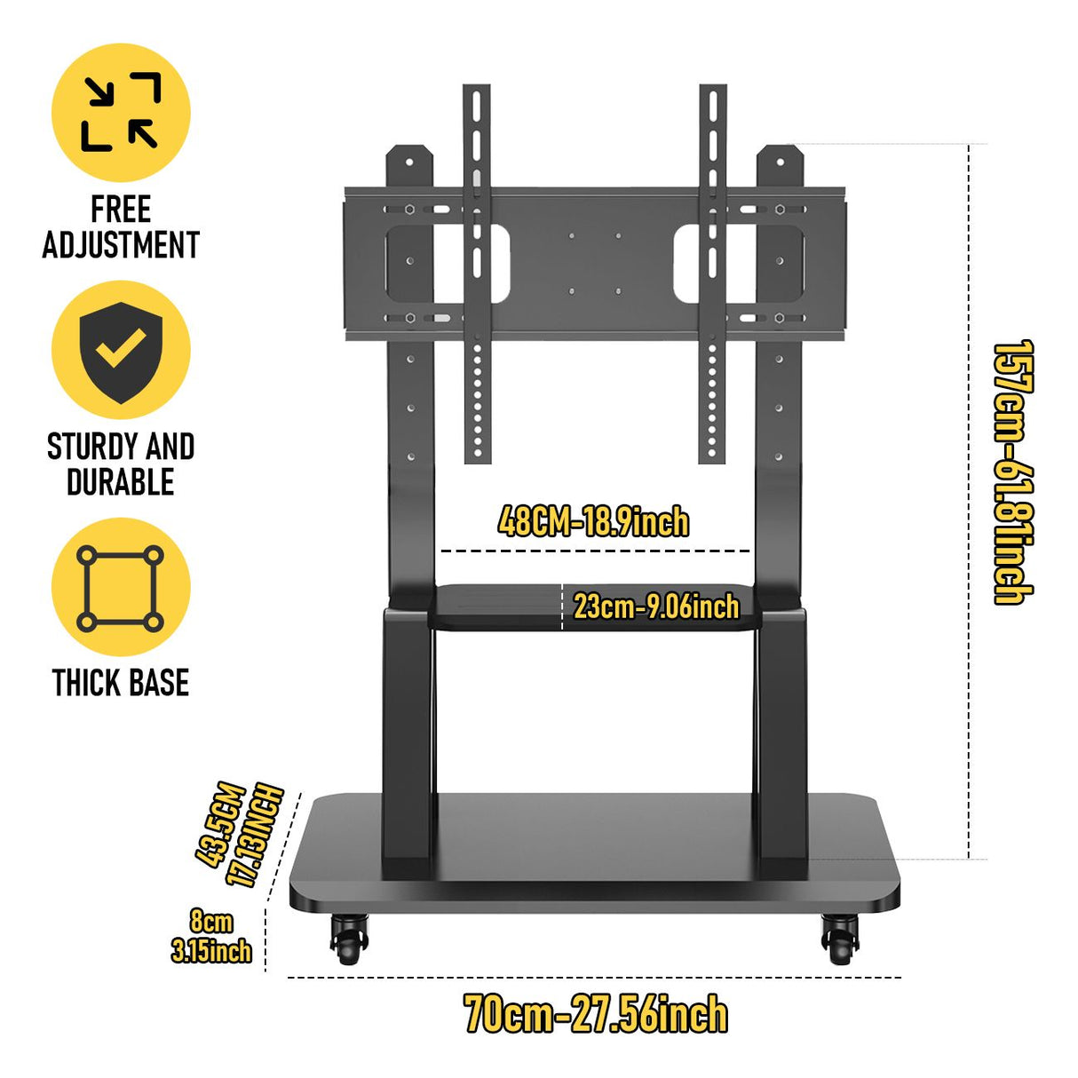 TV Stand for 32–70 Inch TVs with Projector Shelf, Lockable Wheels, Adjustable Height, Cable Management, Freestanding Steel Frame TV Cart Rolling Floor Stand For 32-70 Inch LCD LED OLED Flat Panel Screens Smartboard Movable Holds Up To 100lbs With Shelf Lo