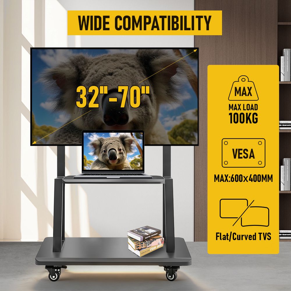 TV Stand for 32–70 Inch TVs with Projector Shelf, Lockable Wheels, Adjustable Height, Cable Management, Freestanding Steel Frame TV Cart Rolling Floor Stand For 32-70 Inch LCD LED OLED Flat Panel Screens Smartboard Movable Holds Up To 100lbs With Shelf Lo