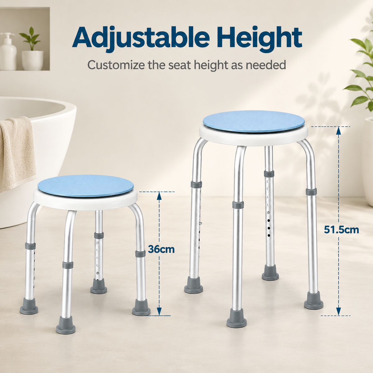 Bath Stool for Seniors, Swivel Seat & Non-Slip Height-Adjustable Round Shower Bench, Rotating Design, for Seniors Elderly, 125kg Capacity