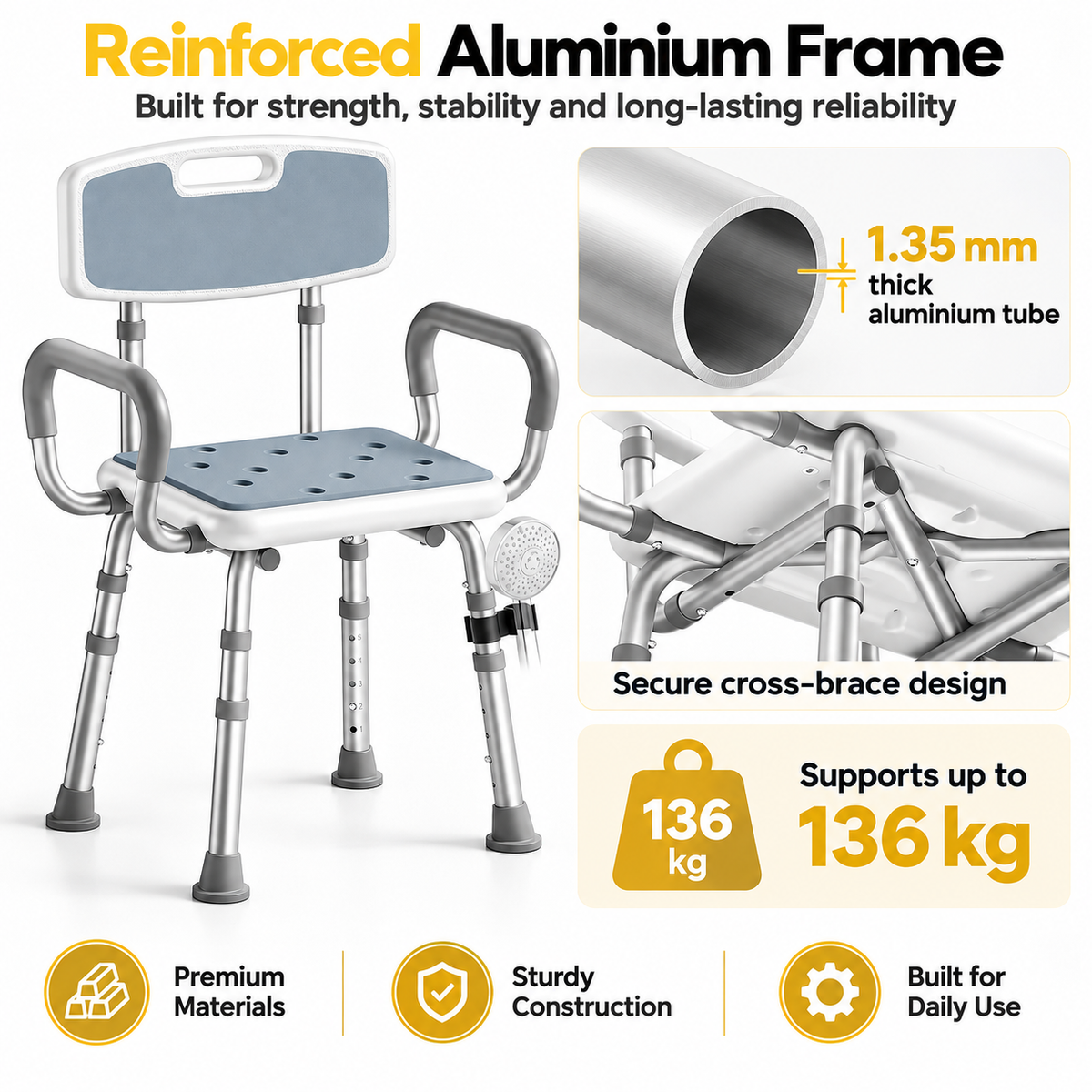 Height Adjustable Shower Chair with Arms & Back, Aluminium Bathroom Seat, 136kg Capacity