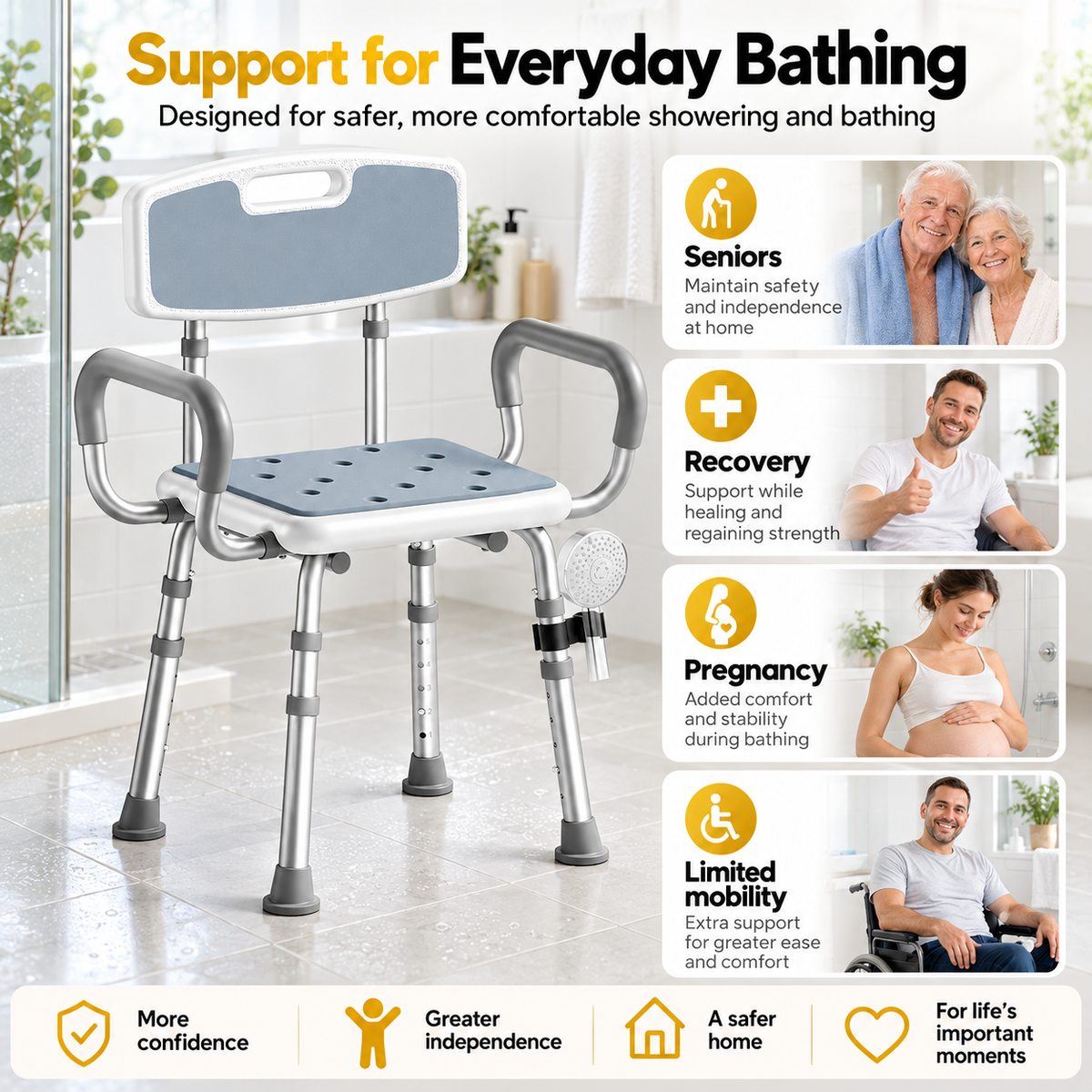 Height Adjustable Shower Chair with Arms & Back, Aluminium Bathroom Seat, 136kg Capacity