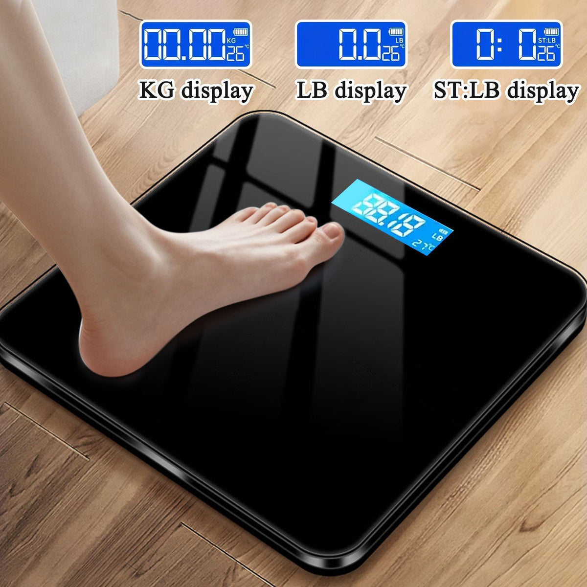 Digital bathroom scale with temperature display, black