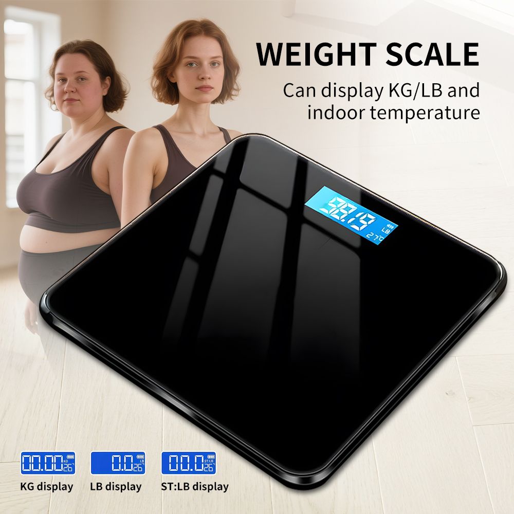 Digital bathroom scale with temperature display, black