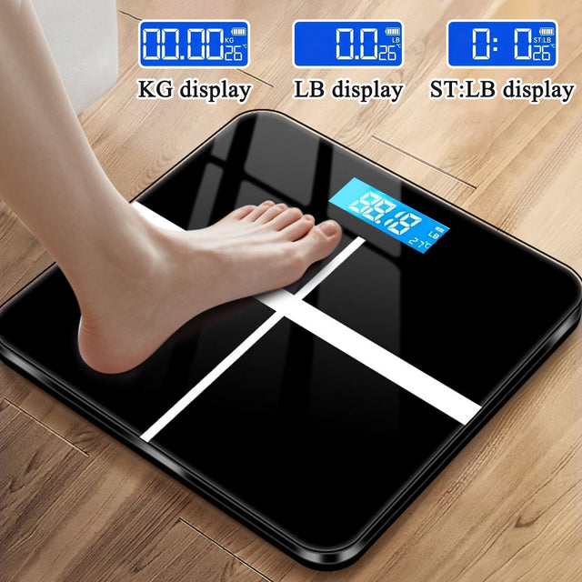 Digital bathroom scale with temperature display, black and white